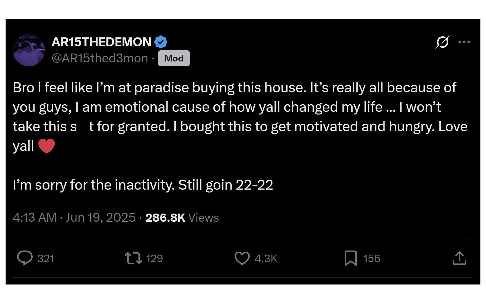 The streamer's X post in which he addressed the community after purchasing a $25.5 million mansion in Davie, Florida (Image via x.com/AR15thed3mon)